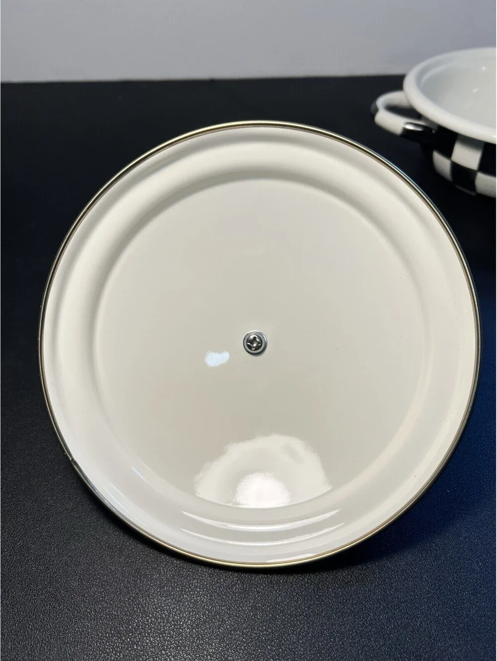 NIB MacKenzie-Childs 2000s Casserole Courtly Check Enamel Black White, 8.5x5.5